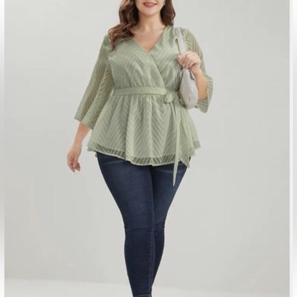 Bloomchic Geometric Mesh Surplice Neck Belted Ruffles Blouse - Picture 4 of 5